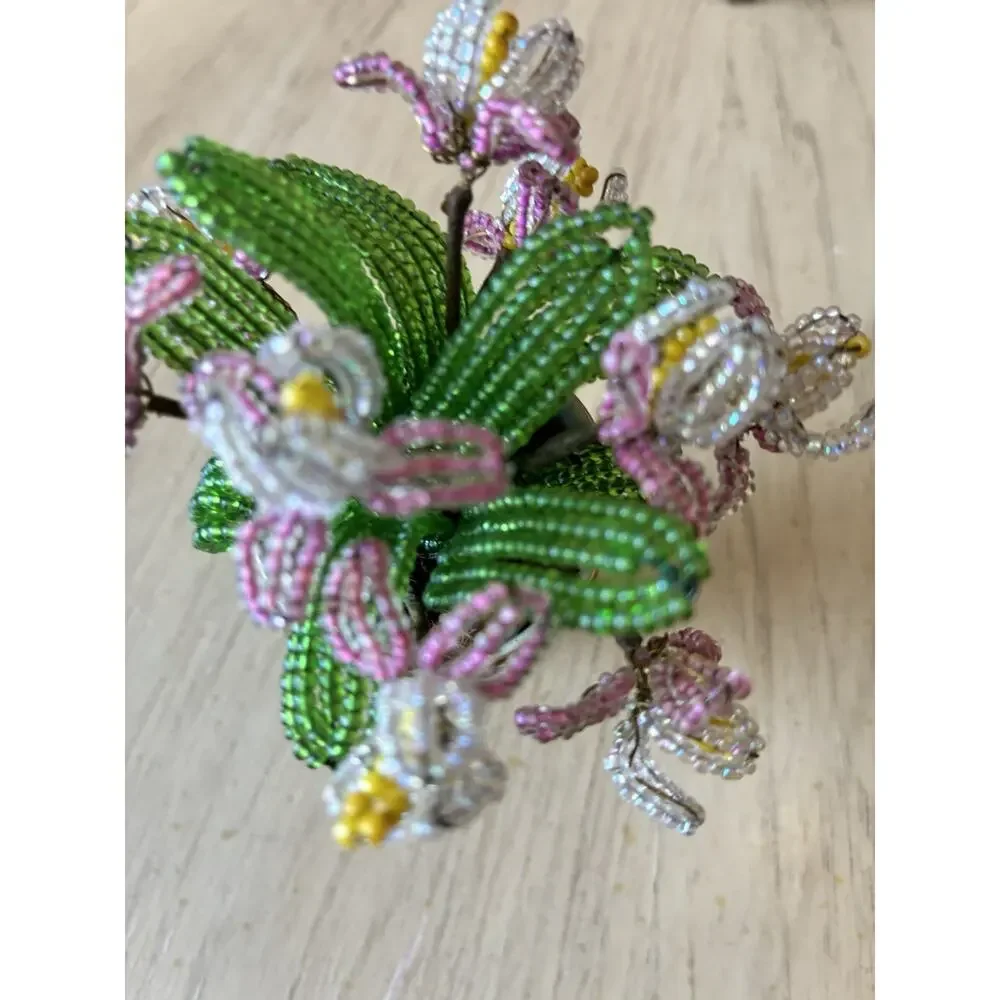 Vintage Handmade French Seed Beaded Flower Floral Bouquet Asian longevity Cup
